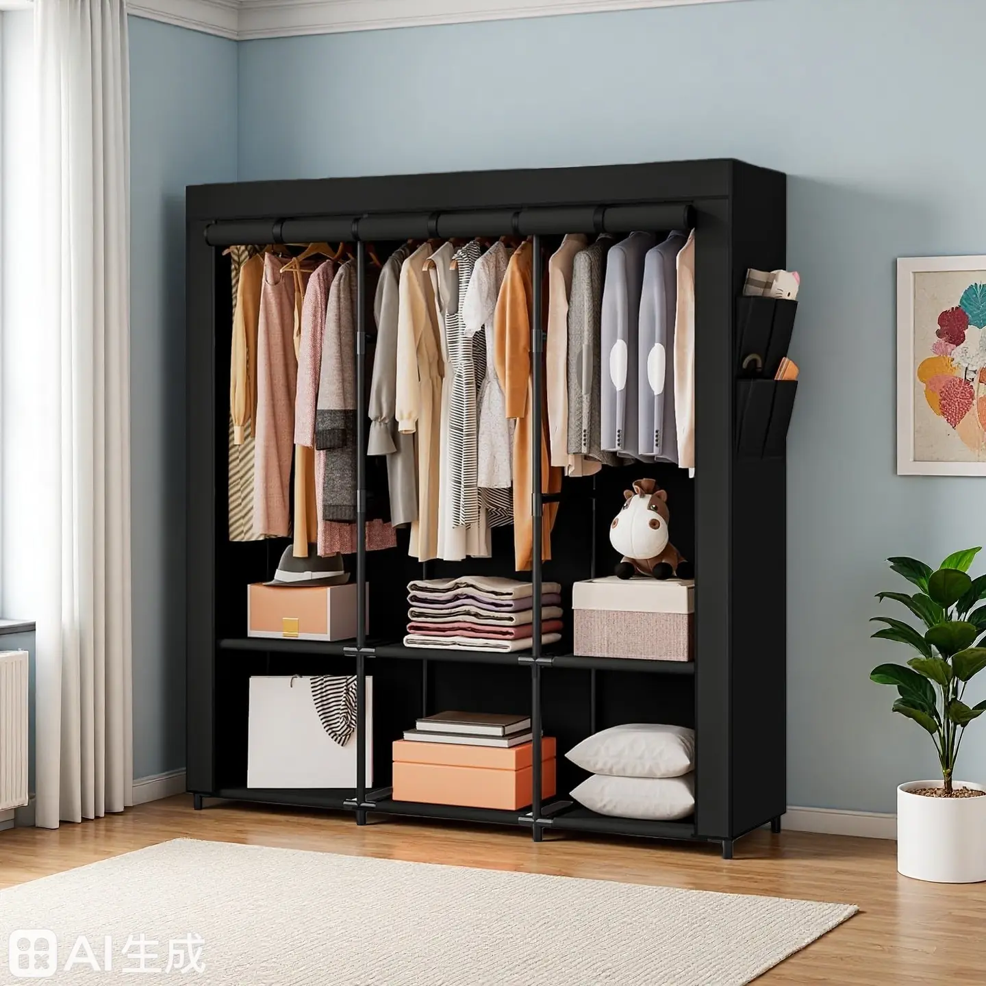 50 Inch Portable Wardrobe Organizer Storage Metal Hanging Clothes Rack Non-Woven Fabric Closet for Bedroom Living room Bathroom