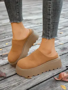 Women's Thick Rubber Sole Half Slipper New Style Chunky Heel Open Toe Outdoor Lazy Walking Shoes Vintage Matte Velour Mules, All Seasons Casual Footwear