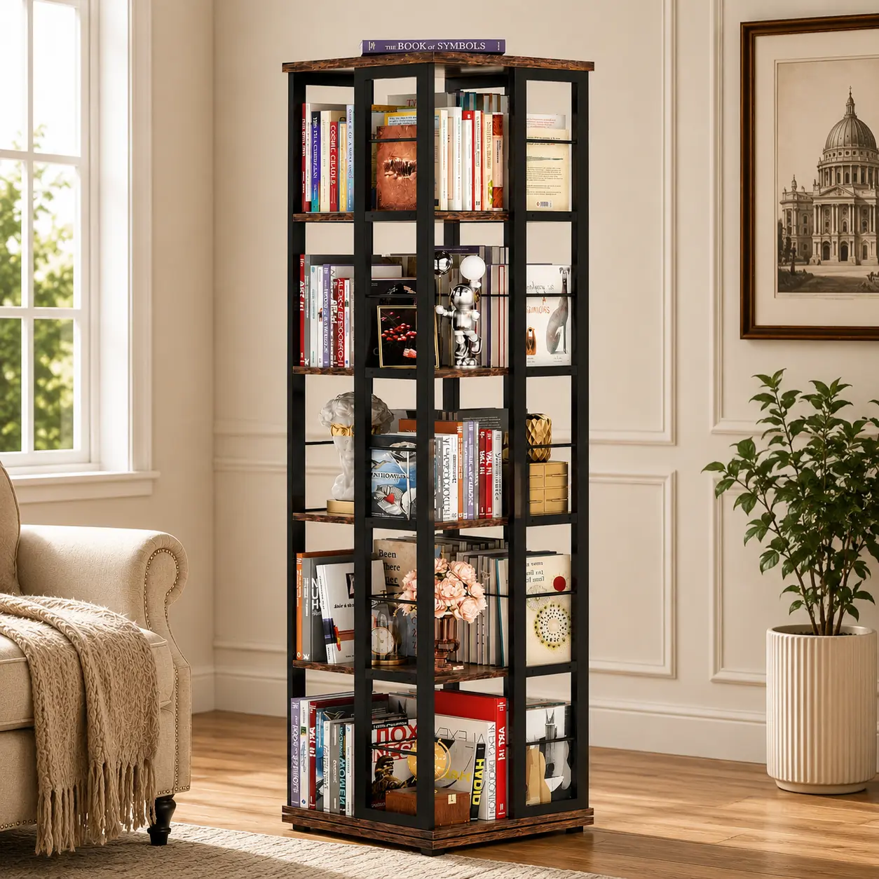 Homieasy Rotating Bookshelf, Corner Bookshelf, 360 Display Wood Spinning Bookshelfs, Floor Standing Bookcase Narrow Shelf Revolving Organizer Storage Rack for Small Space, Bedroom, Study Room, mothersdaygift