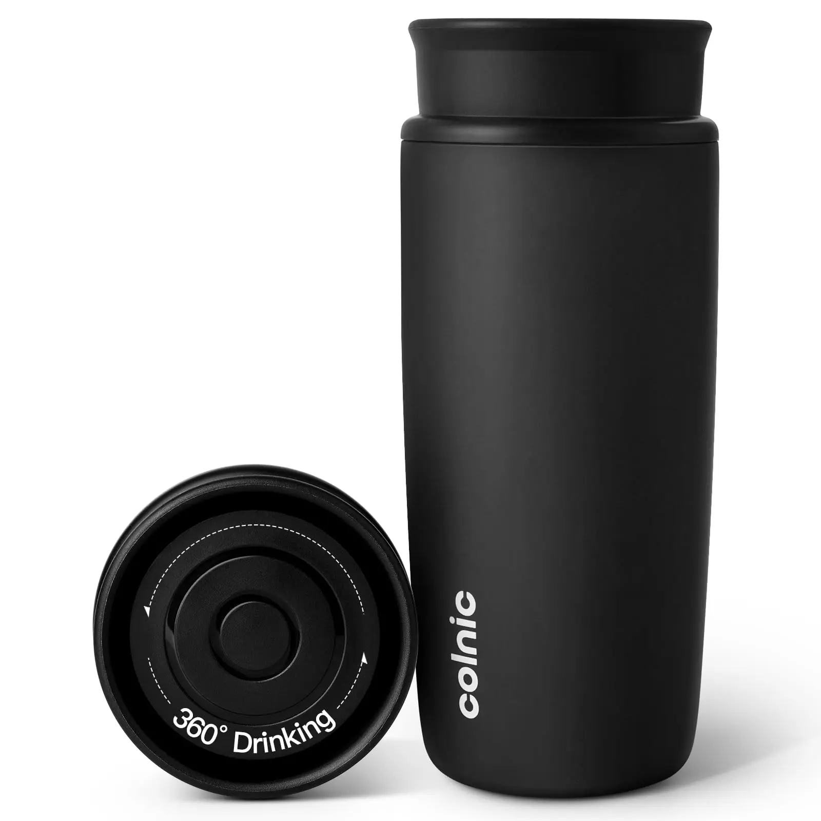 Taza de café de viaje con tapa de 360°, vaso de café de 12 onzas, tazas de viaje aisladas para calor y frío, taza de café de acero inoxidable aislada al vacío, a prueba de fugas, a prueba de derrames, negro mate mens gifts b