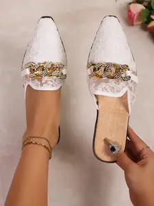 New Pointed Toe Lace-Up Half Sandals for Women, Rhinestone Chain Mesh Mules, Summer Breathable Open-Toe Slippers, Elegant Fashion Wedge Shoes