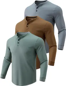 3 Pack Mens Waffle Henley Thermal Long Sleeve Shirts, Casual Fitted Fall Shirts for Men