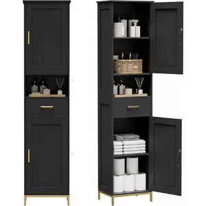 67" H Bathroom Storage Cabinet, Tall Storage Cabinet with Adjustable Shelves, Freestanding Cabinet with Doors and Drawer, Narrow Cabinet for Bathroom, Living Room, Kitchen, Dining Room, Black