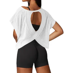 Open Back Workout Tops for Women Loose Fit Athletic Crop Tee Short Sleeve Gym Running Yoga Shirt