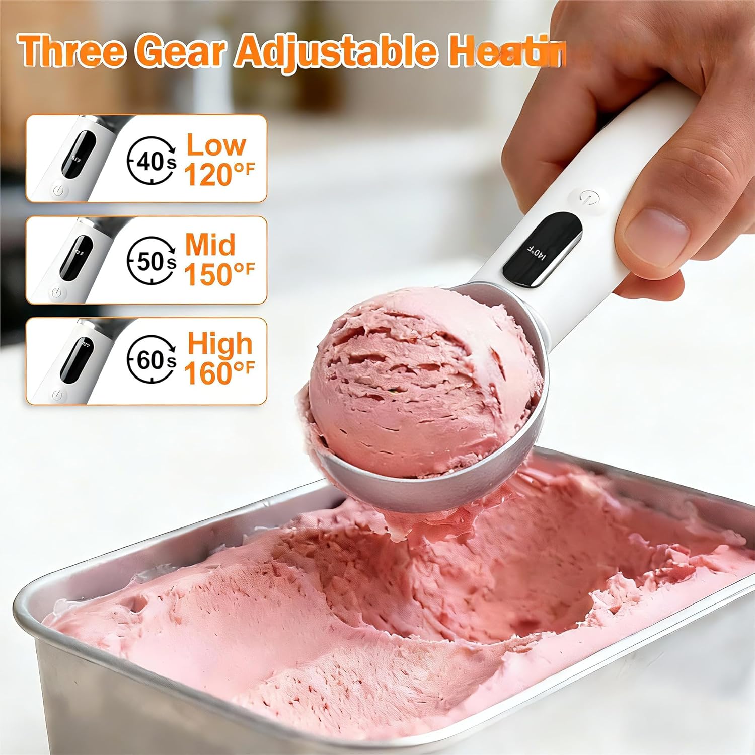 Heated Ice Cream Scoop – Electric Scooper for Hard Ice Cream and Desserts, Handheld Heating Up to 158°F, Rechargeable with LED Display, Easy to Clean, Ideal Summer Gift