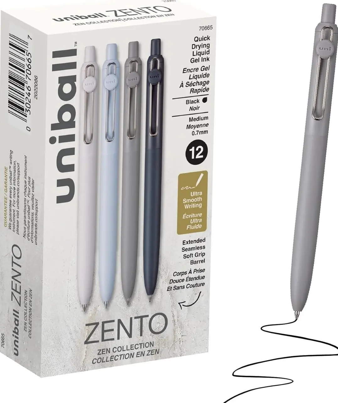 uniball™ Zento Gel Pens, Black Ink, 0.7mm Medium Point, 12 Count | Retractable, Smooth Writing, Quick-Drying, No Smear, No Bleed, Zen Barrel Colors