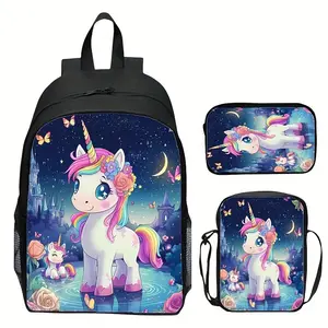 Night Castle Unicorn 3PCS Backpack Set, Durable 600D Oxford Cloth School Bag , Adjustable Breathable Strap,for Kids Teens School Travel Outdoor