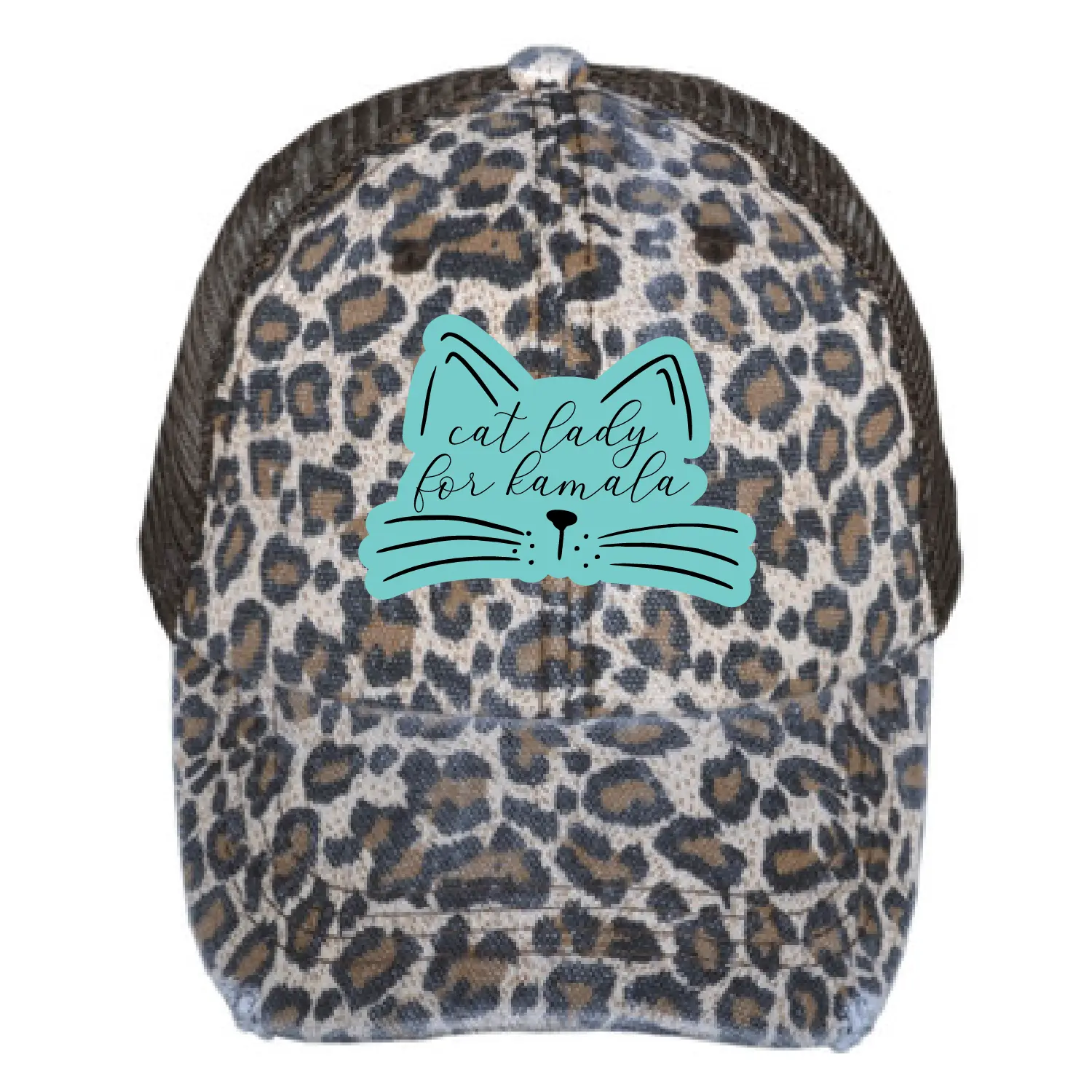 Cat Lady for Kamala hat, Kamala 2024 hat, ponytail hat, leather patch hat, leopard baseball hat, leopard print hat, mom hat, Cap Daddy