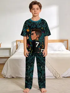 Cartoon Cristiano Ronaldo Starry Night 2-Piece Boys' Short-Sleeve Digital Print Pajama Set with Extended-Length Sleep Pants, a stylish, trendy, casual, comfortable and soft pajama ensemble, suitable for boys' sleep and home leisure, and a perfect gift for