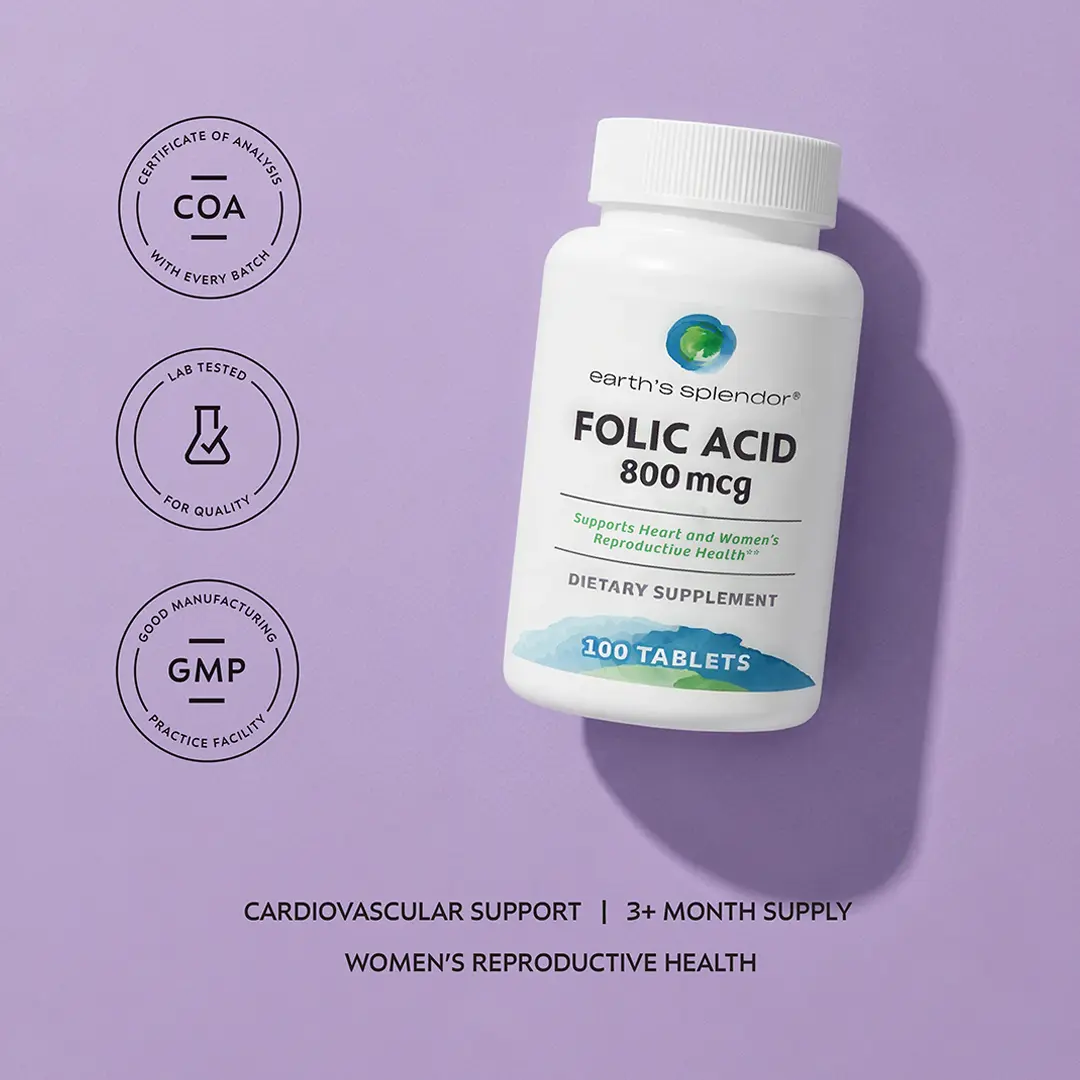 Earth's Splendor Folic Acid 800 mcg Daily Vitamin Supplement - 100 Count Tablets, 3-Month Supply, Gluten-Free, Dairy-Free Healthcare Support for Heart Health & Women's Reproductive Wellness (Ideal for Supplement Routine)