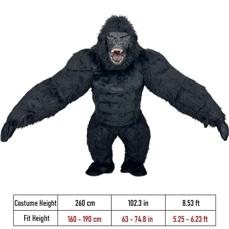 2.6m Black Giant Gorilla Mascot Inflatable Costume Plush Jumpsuit Halloween Adult Fit for 170-195 cm Height Cosplay Party Carnival Dress Up Suit w/Battery Menswear Clothes Outfit Bestie