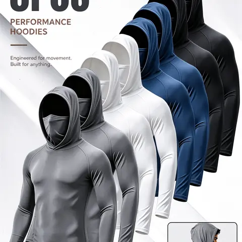Men's 8/6/4/3-Pack Slim Fit Blank Hoodie, Dry Fit Performance Street Sports Apparel, Breathable Sun Protection Long-Sleeve T-Shirt, Polyester Daily Wear Sportswear, Casual Active Fitness Clothing