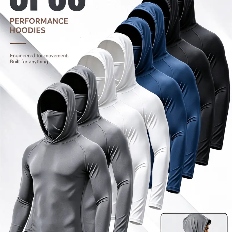 Men's 8/6/4/3-Pack Slim Fit Blank Hoodie, Dry Fit Performance Street Sports Apparel, Breathable Sun Protection Long-Sleeve T-Shirt, Polyester Daily Wear Sportswear, Casual Active Fitness Clothing