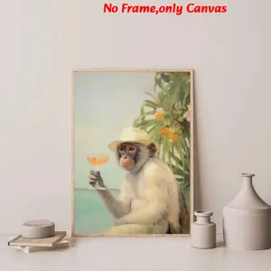 1pc, wall art, vintage poster, monkey cocktail print, beach holiday style poster, bedroom aesthetics, living room decoration, apartment decoration, housewarming gift, frameless