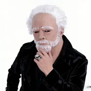 Luxury full head wrap realistic old man latex mask with a 45 cm extended neck design, hand-painted 3D wrinkles, fluffy and natural white hair and beard. Suitable for Halloween cosplay, horror props, haunted house escape room costumes. One size fits all ad