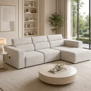 ARCH Power Reclining Sofa, Electric 3-Seat Recliner Modular Couch with Bluetooth Stereo, Wireless Charging, USB/Type-C Ports, Side Pocket, Mood Lighting, Polyester Upholstery, Foam Cushion, Wood Frame, Square Arms, Cushion Back, Beige