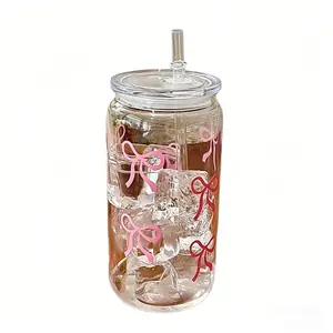 500ML/16oz Butterfly Straw Glass Cup, Valentine's Day Limited Series, Feng Shui Cup, Leak-Proof Lid, High Aesthetic Coffee Cup