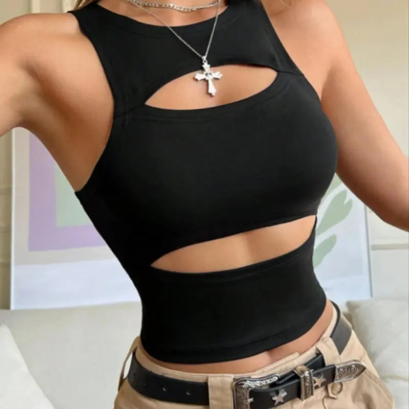 Women's Solid Color Round Neck Racerback Tank Top, Fashion Casual Hollow Out Sleeveless Top for Daily Outdoor Wear, Ladies Clothes for Summer, Solid Color Polyester Tops