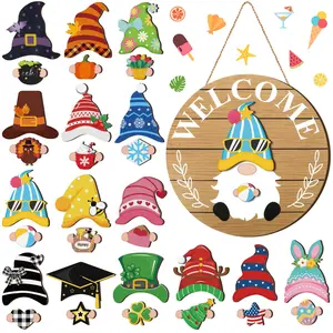 Interchangeable Wooden Gnome Decor Holiday Seasonal Gnome Decorations with 15 Magnet Pieces and 15 Detachable Hats Gnome Changeable Welcome Sign for Home