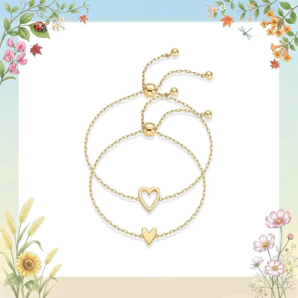 18K Gold Plated Adjustable Matching Bracelets for Couples & BFFs — Solid & Hollow Heart Bracelet Set | Stackable Gift Jewelry