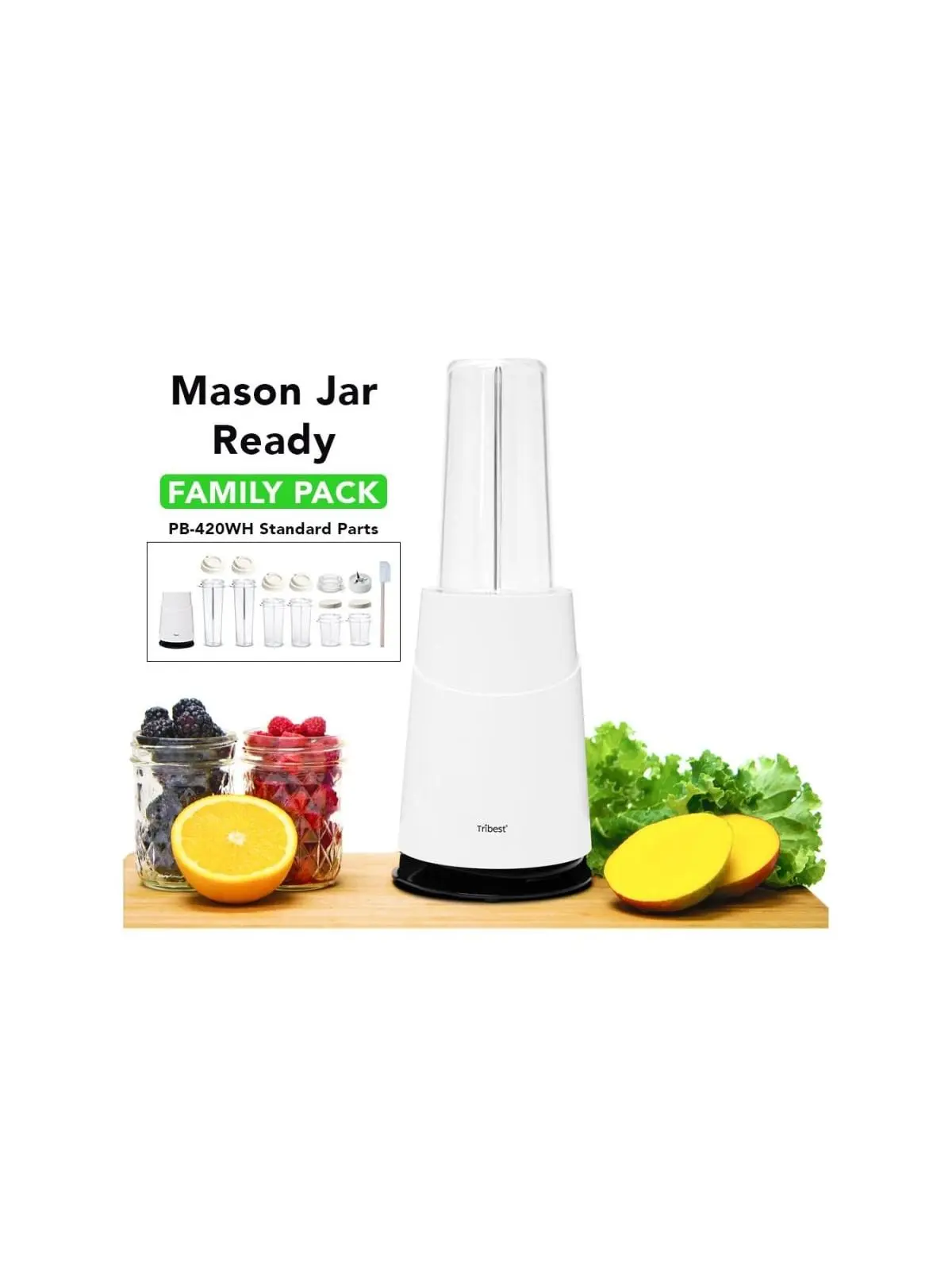 Tribest PB-420WH Mason Jar Ready Personal Blender - White