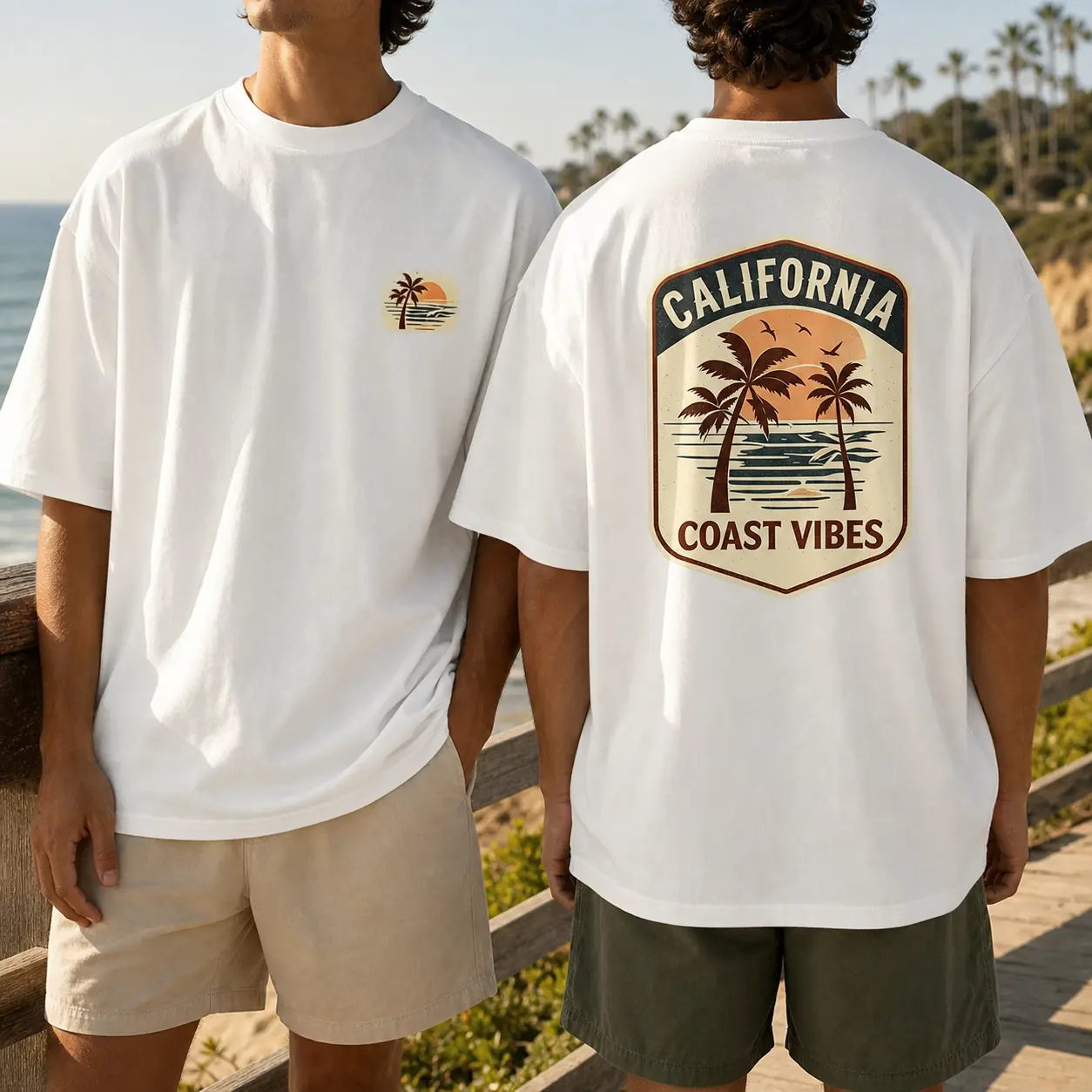 Retro Beach Palm Tree Double Sided Print T-Shirt For Men, California Coast Vibes Sunset Ocean Graphic Soft Cotton Short Sleeve Tee, Surf Coastal Vacation Casual Outfit, Novelty Summer Gift For Guys Basic Breathable, Tropical, Loose