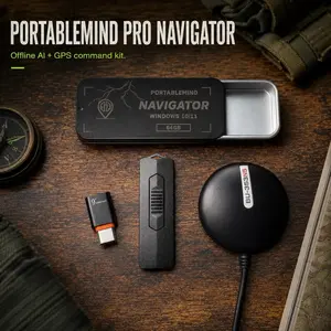 PortableMind PRO Navigator Offline AI + GPS Command Kit for Windows 10/11 with USB GPS Puck & USB-C Adapter