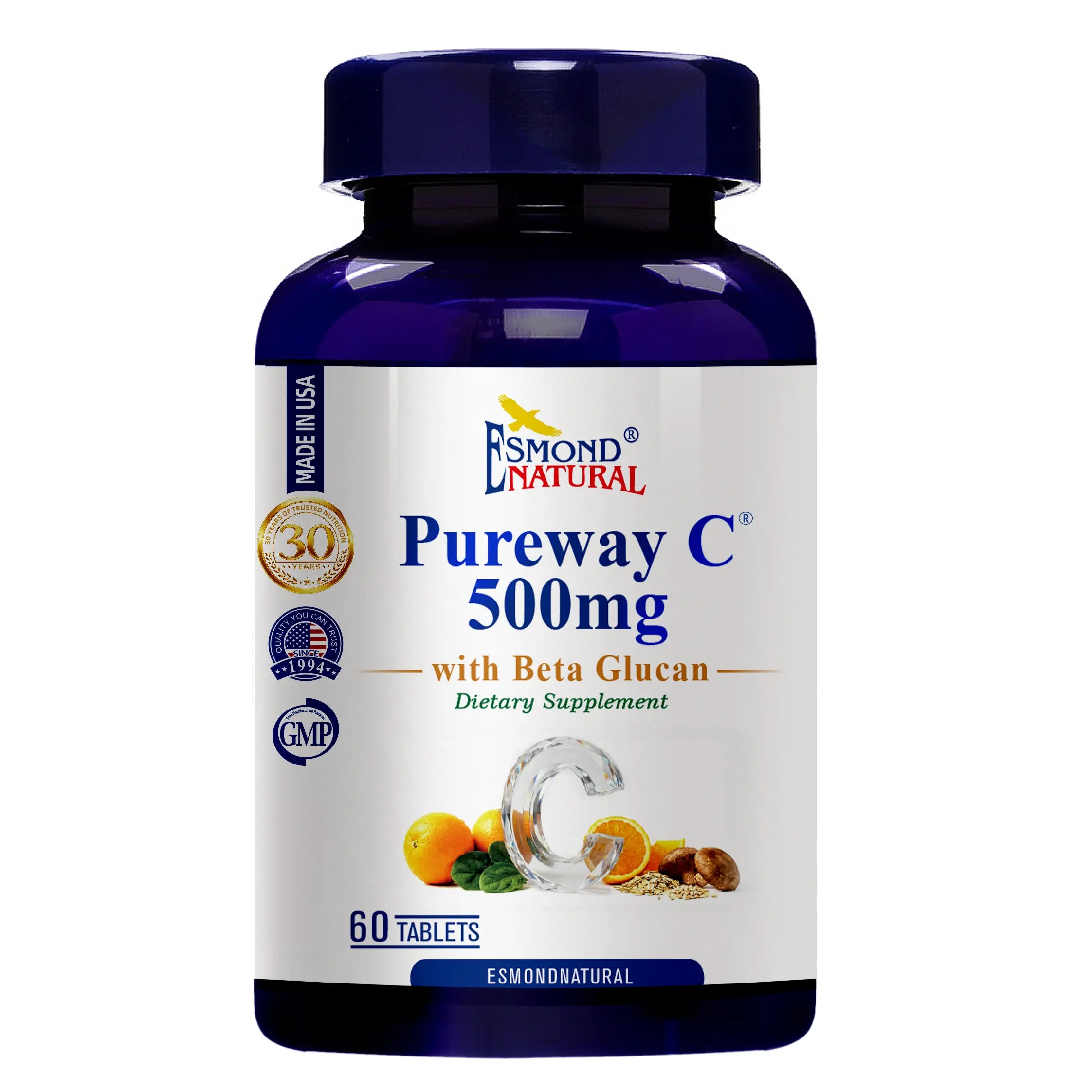 Pureway C with Beta Glucan 500mg with Beta Glucan  Vitamin C Supplement with Citrus Bioflavonoids & Calcium  Immune & Antioxidant Support USA FDA GMP NPAC-60 Tablets