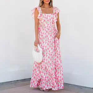 MULLVEIG Women's Floral Square Neck Ruffled Strap Sleeveless Maxi Dress - Flowy Summer Romantic Beach Sun Vacation Dress Casual Comfort Outfit Overall