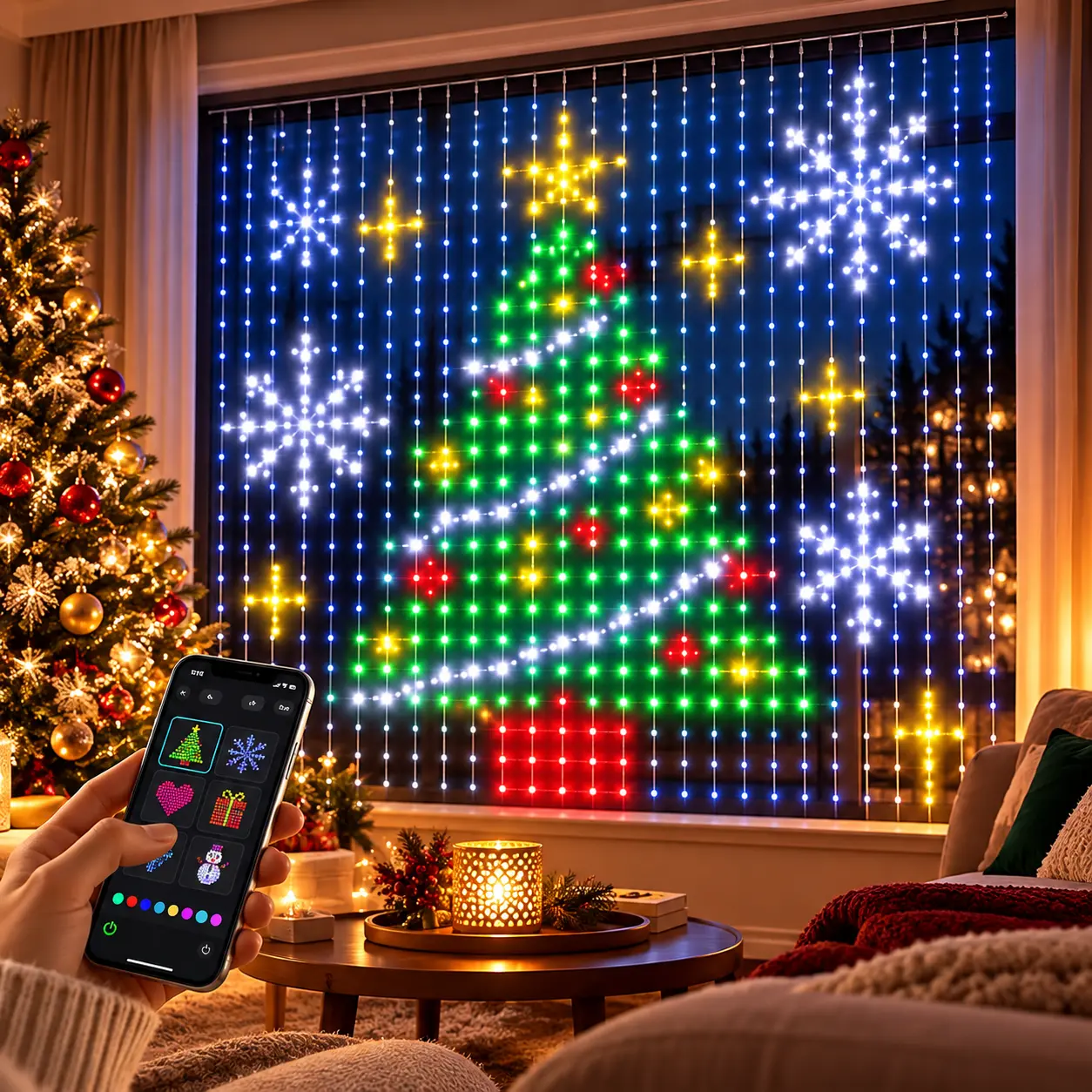 Smart RGB LED Curtain Lights, 400 LEDs, 6.6x6.6FT / 9.8x9.8FT, USB Powered APP Controlled Programmable Fairy String Lights, DIY Animated Patterns, Color Changing Window Backdrop Lights for Christmas, Halloween, Bedroom, Parties & Holiday Decorations