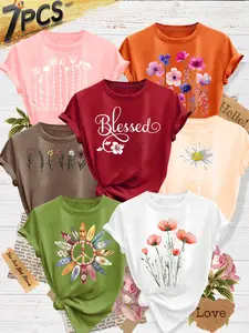 7Pcs Women's Crew Neck T-Shirt, Wildflower Peace Symbol Print, Multiple Colors Available, Machine Washable, Spring & Summer Tops, Soft Skin-Friendly Fabric, Daily Versatile, Fashion Design