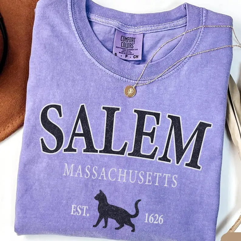 Salem Witches Comfort Colors T-shirt, vintage Salem Witch top, black cat graphic T-shirt, New England travel T-shirt, retro Halloween T-shirt