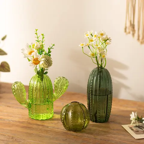 3-Pcs Modern Cactus Glass Vases - Durable Decorative Smoothedge Safety Vases for Plant Cuttings, Hydroponics, Room Decor, Botanical Aesthetic Cactus Decor, Christmas Gifts for Plant Lovers
