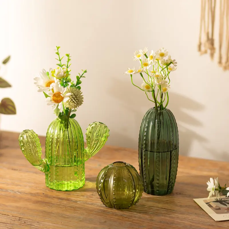 3-Pcs Modern Cactus Glass Vases - Durable Decorative Smoothedge Safety Vases for Plant Cuttings, Hydroponics, Room Decor, Botanical Aesthetic Cactus Decor, Christmas Gifts for Plant Lovers