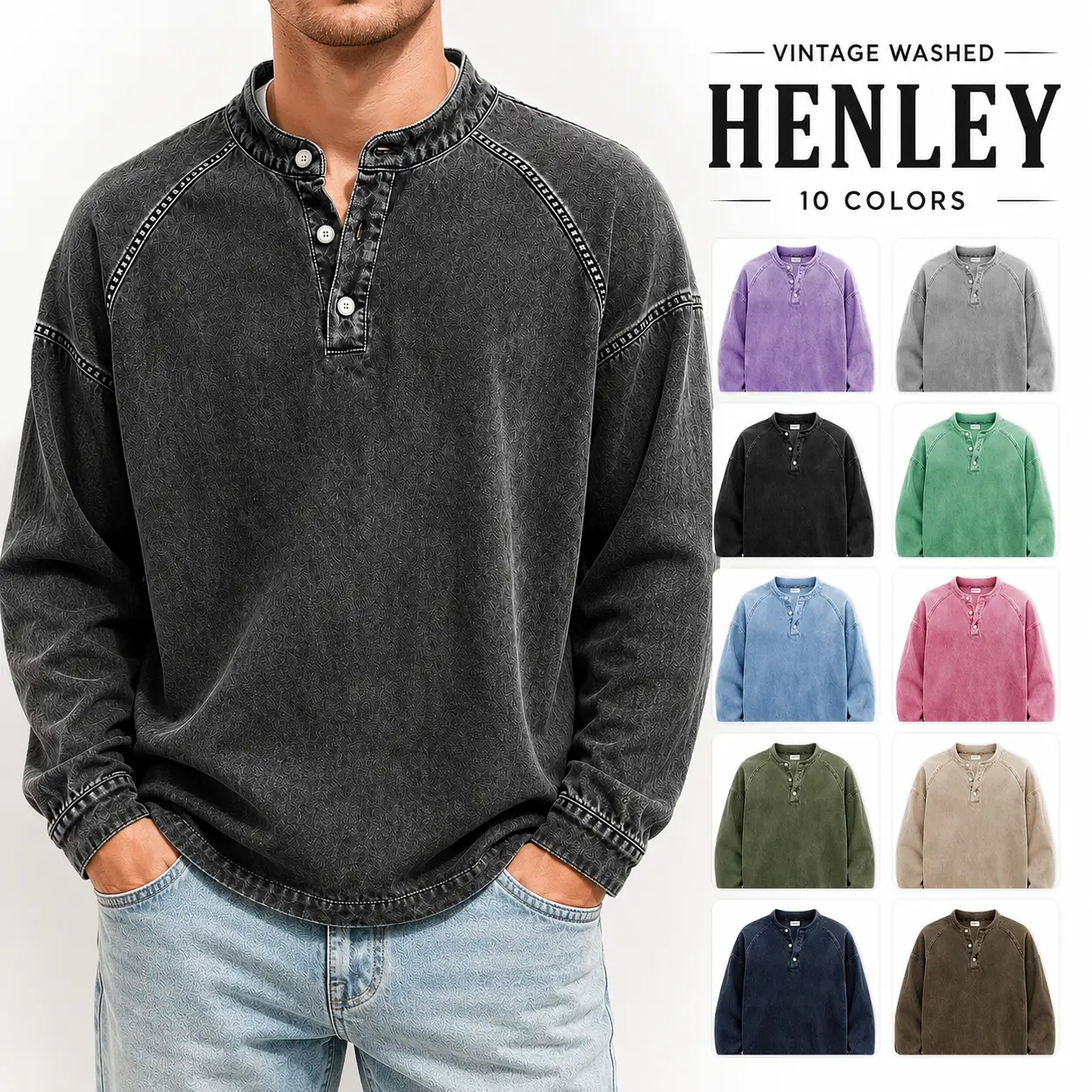 Men's Vintage Washed Henley Long Sleeve Shirt, Soft Polyester Pullover with a 3-Button Stand Collar, Oversized Relaxed Fit Streetwear, Dark Brown, Casual, Longsleeves, 3 Buttons, Soft Fabric, Washed Look, Loose-Fitting Casual Comfy Streetwear Casual Aesth