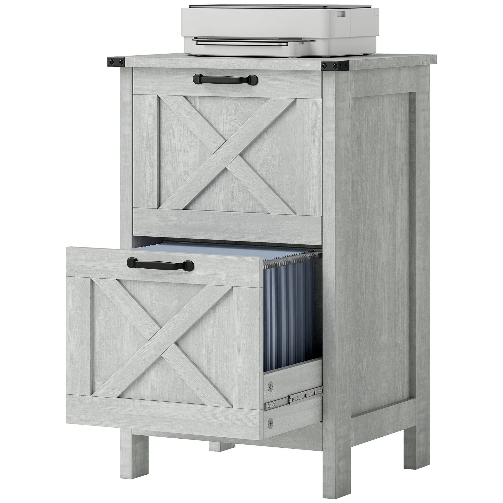 Multi Functional Distressed Light Gray File Cabinet 2 Drawer Vertical Farmhouse Storage Cabinet Stylish Barn Door Design Heavy Duty Particleboard Frame 77Lbs Bearing Capacity Dual Purpose As Printer Stand And Document Organizer
