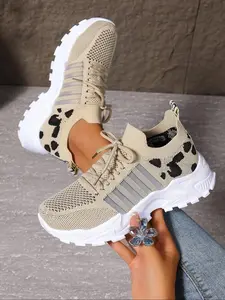 Women's Leopard Print Knit Platform Sneakers - Non-Slip Breathable Chunky Shoes
