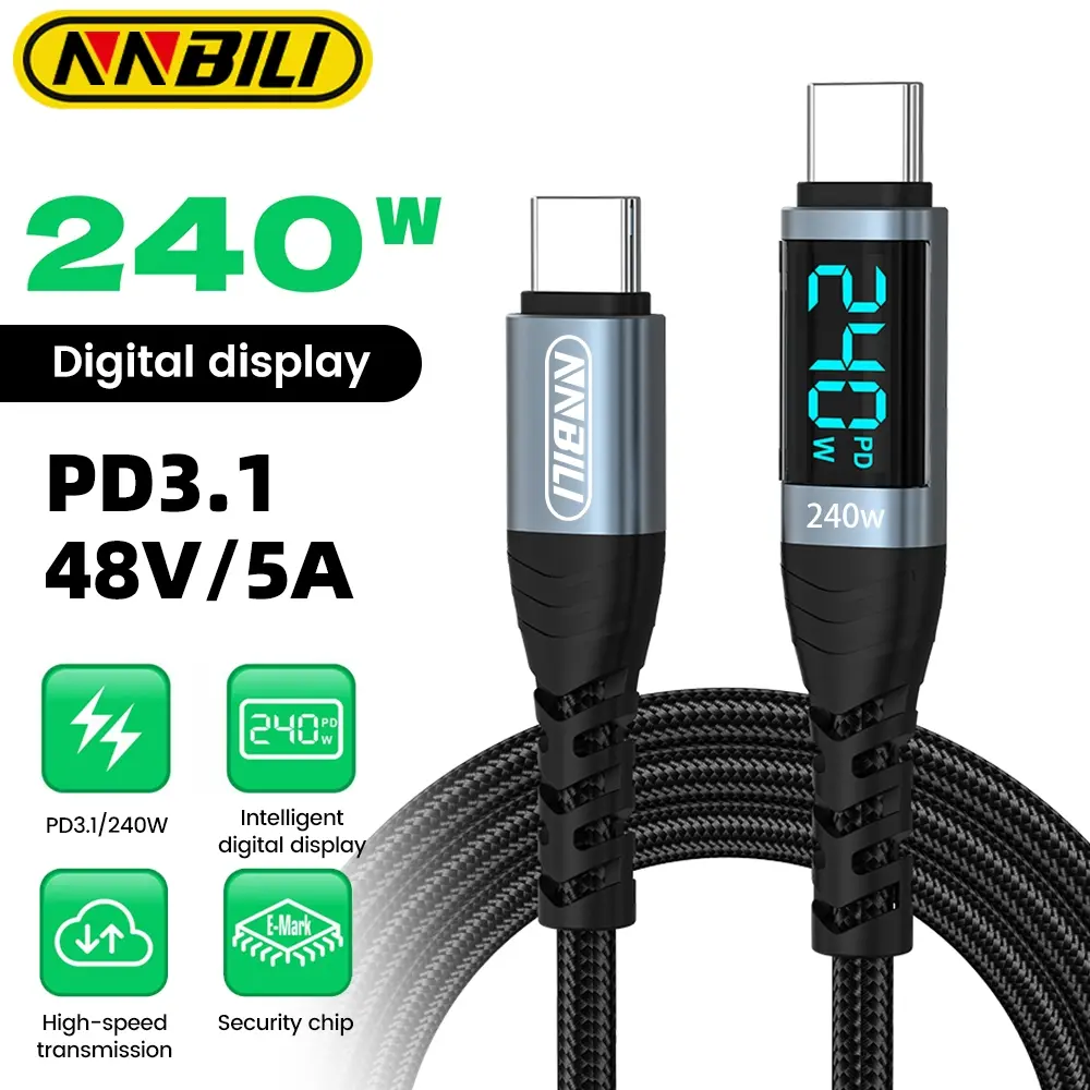 NNBILI 240W real-time digital display, aluminum alloy shell protection, woven Type C to Type C data cable, charging cables, Super Fast Charger, suitable for charging iPhone 15/16/17, Huawei, iPad and laptop computers