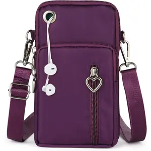 Small Crossbody Wallet Phone Bag, Nylon Cell Phone Purse, Travel Crossbody Bag Cell Phone Shoulder Bag Arm Bag Mini Wallet Purse, with Headphone Port (Purple)