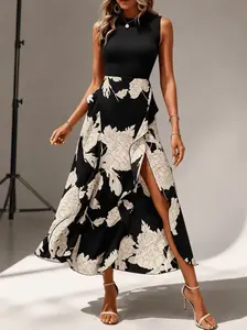 Women's Casual Sleeveless Summer Dresses 2026 Spring Crewneck Patchwork Boho Floral Ruffle Cocktail Party Midi Dress#Outdoor fun