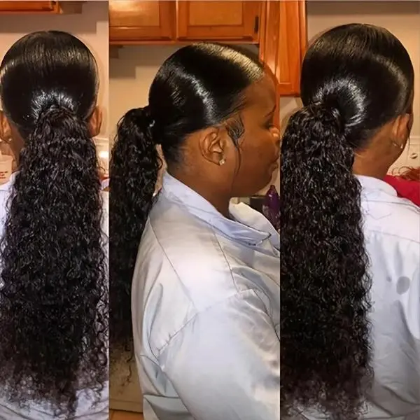 10-28 Inch Water Wave Drawstring Ponytail Extensions,  Premium Brazilian Remy Human Hair, Natural Black, Wrap Around & Clip-In Dual Structure, Firm Stable Fit, Effortless Wear, Thick & Soft Tangle-Resistant Strands