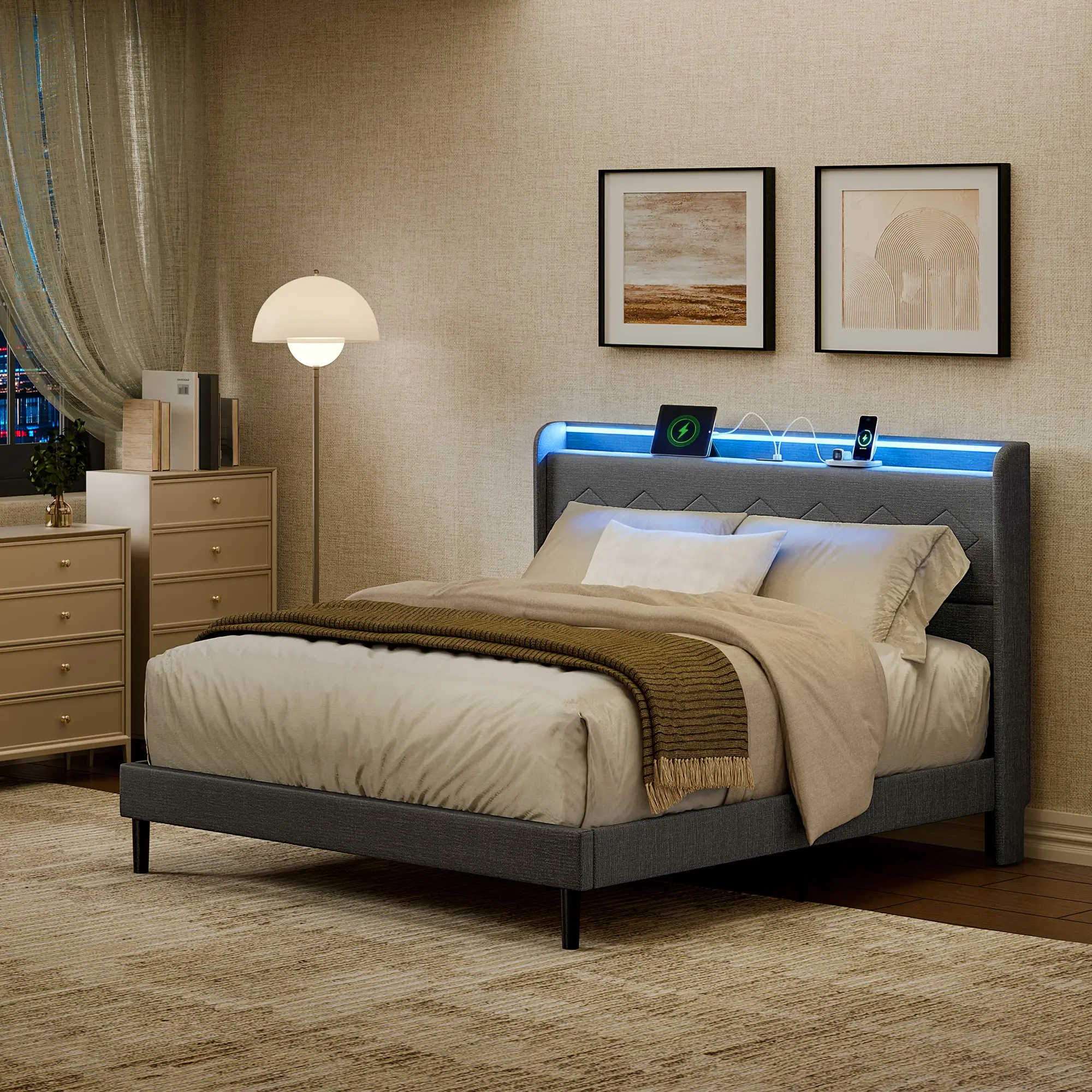 Upholstered Bed Frame with Height-Adjustable Headboard, 3 USB Charging Ports, LED Light Strip & Bluetooth Controller