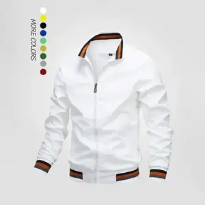 Men's Striped Trim Zip Up Jacket Sport Streetwear Long Sleeve Pocket Windbreaker Bomber for Fall Daily Wear Easy Care S-3XL