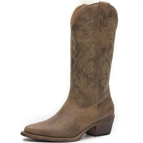 GLOBALWIN Women's Camel Tan Embroidered Pointed Toe Cowboy Boots - Low Heel, Zip Closure, Mid-Calf, Onyx Decor, Comfortable Stylish Walking Shoes, Shoes for Women, Ideal for Country Concert Outfits