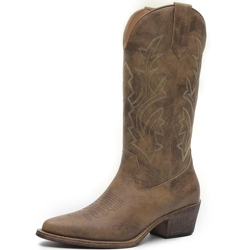 GLOBALWIN Women's Cute Camel Tan Embroidered Pointed Toe Cowboy Boots - Low Block Heel, Zip Closure, Mid-Calf, Onyx Decor, Comfortable Stylish Design Footwear, Ideal for Country Music Concert Outfits