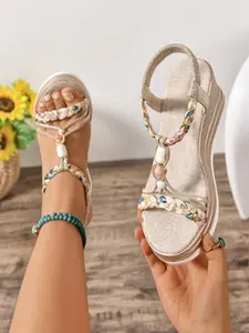 Women's Wedge Heel Round Toe Open Toe Waterproof Platform Elastic Strap Beaded Slip-On Elegant Fashion Shoes Wedge Heels Sandals for Parties and Dates