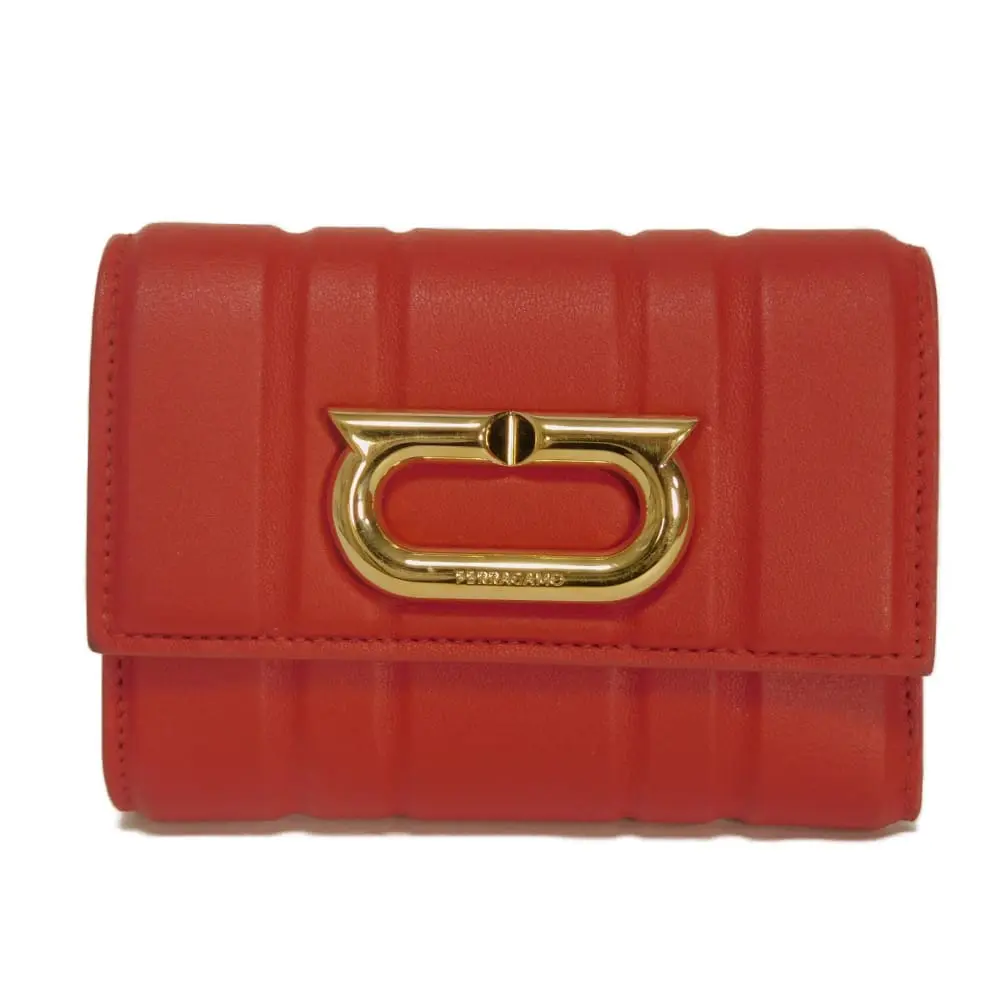 Pre-owned SALVATORE FERRAGAMO Calfskin Small Leather Goods Gancini Compact Wallet Calf Leather Trifold Wallet