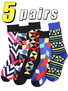 5 Pairs Men's Fun Socks, Casual Trendy Colorful Crew Socks, Soft Breathable Elastic Comfort, Unisex Fashion Item, Hip Hop Style