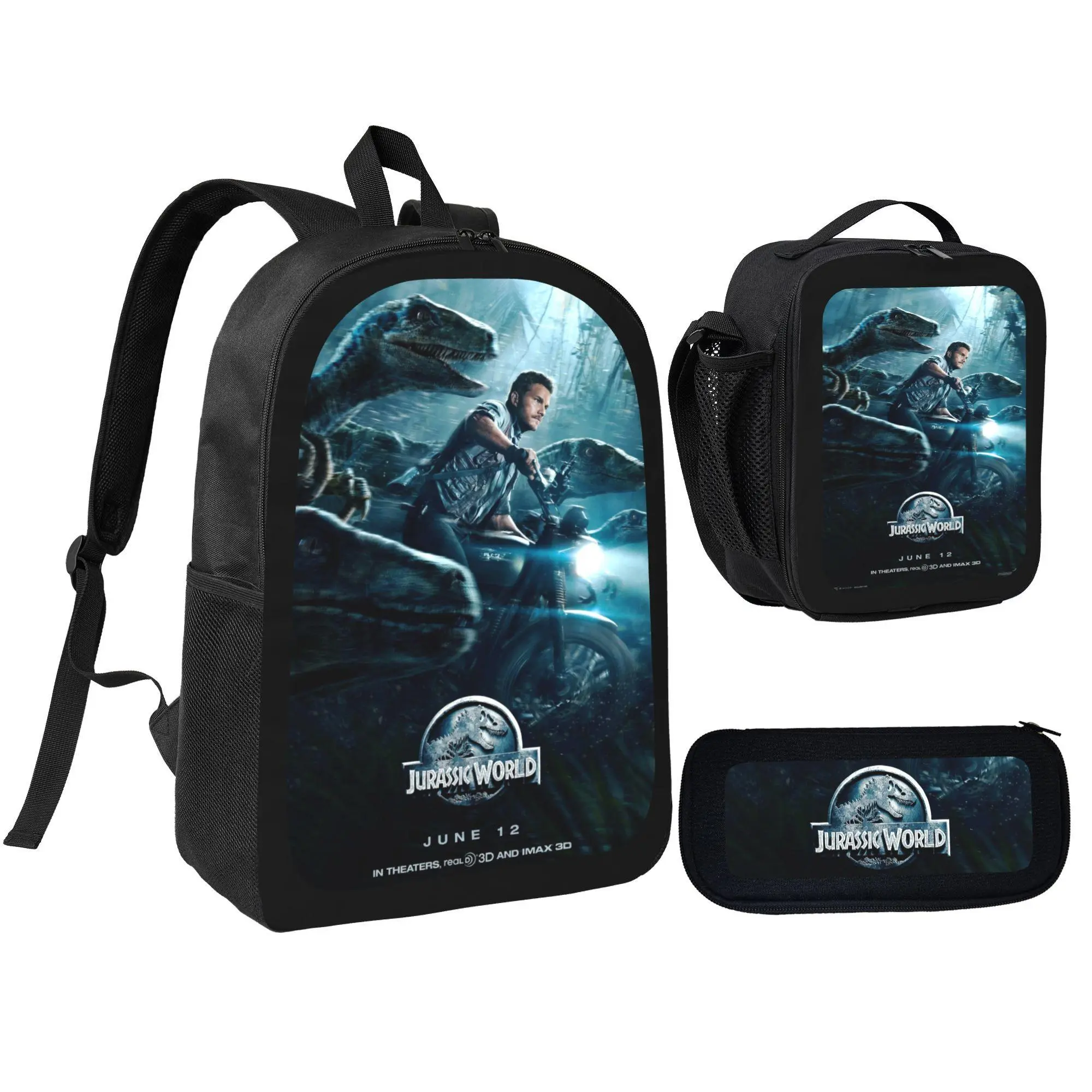 [3Pcs Backpack Set] Jurassic World Movie Poster Print With Lunch Bag Pencil Pouch School Bag For Boys Kids Students Teenagers Back To School Daily Use Travel Outdoor Adventure Gift