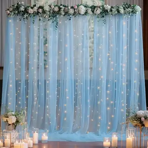 Set, 9.84ft X 7.05ft Sky Blue Sheer Backdrop Curtains with Lights for Baby Shower, Wedding, Bridal Shower, Happy Birthday Party Decor, Bachelor Party, Photobooth Props, Holiday Festival Decor, Home Decorative Hanging Decoration